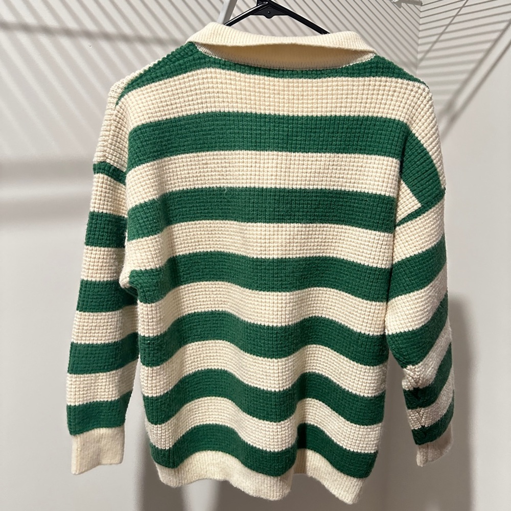 Green & Cream Striped Knit Polo Sweater - Picture 2 of 2